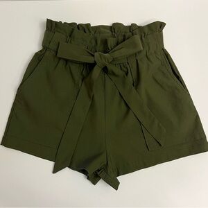 AKIRA Belted Paperbag Shorts-Forest Green